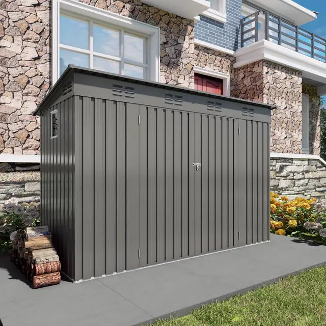 Alt view image 2 of 7 - 4 x 9 FT Outdoor Storage Shed, Metal Garden Shed Tool House with Sloping Roof,6 vents and 2 Swing Doors for Backyard, Garden,Patio, Garage, Lawn, Gray