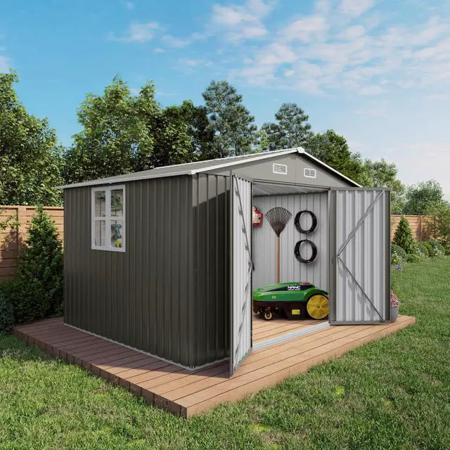Main image of 10 x 8 FT Outdoor Storage Shed, Large Metal Storage Shed, Lockable Door and Air Vent, Clear Window Garden Tool Shed for Bicycles, Tools, Lawnmowers, Backyards, Patios, Lawns - Gray