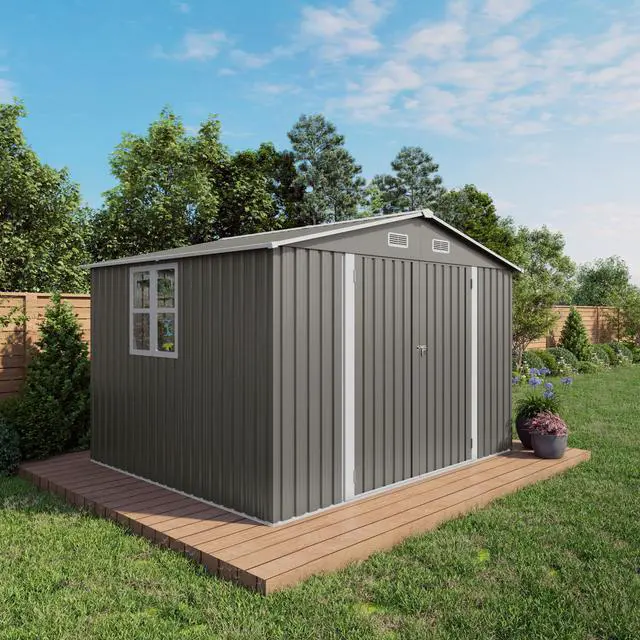 Alt view image 3 of 7 - 10 x 8 FT Outdoor Storage Shed, Large Metal Storage Shed, Lockable Door and Air Vent, Clear Window Garden Tool Shed for Bicycles, Tools, Lawnmowers, Backyards, Patios, Lawns - Gray