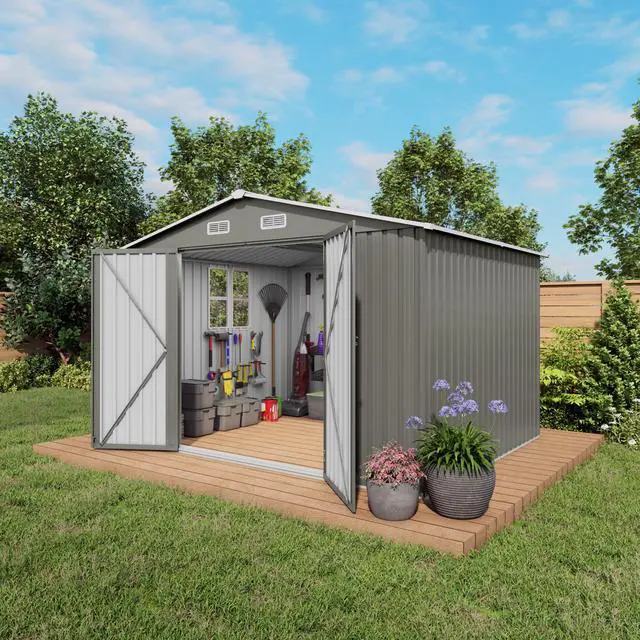 Alt view image 2 of 7 - 10 x 8 FT Outdoor Storage Shed, Large Metal Storage Shed, Lockable Door and Air Vent, Clear Window Garden Tool Shed for Bicycles, Tools, Lawnmowers, Backyards, Patios, Lawns - Gray