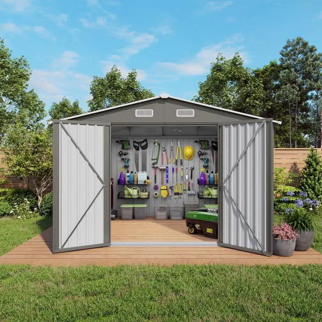 Alt view image 4 of 7 - 10 x 8 FT Outdoor Storage Shed, Large Metal Storage Shed, Lockable Door and Air Vent, Clear Window Garden Tool Shed for Bicycles, Tools, Lawnmowers, Backyards, Patios, Lawns - Gray