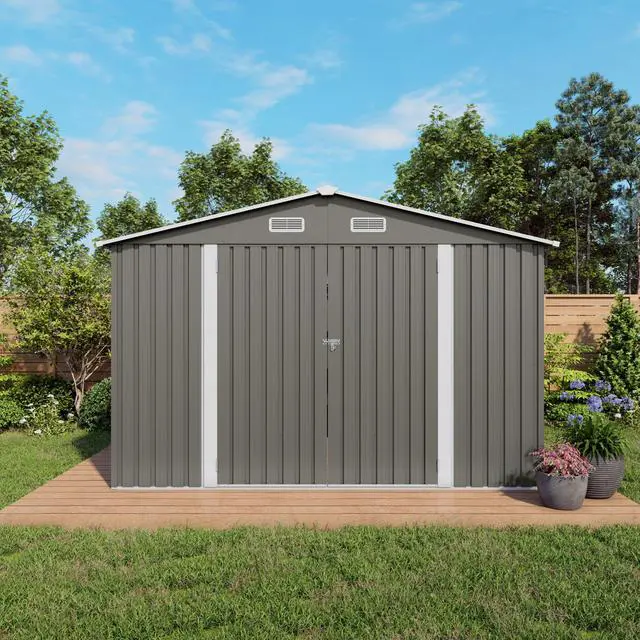 Alt view image 5 of 7 - 10 x 8 FT Outdoor Storage Shed, Large Metal Storage Shed, Lockable Door and Air Vent, Clear Window Garden Tool Shed for Bicycles, Tools, Lawnmowers, Backyards, Patios, Lawns - Gray