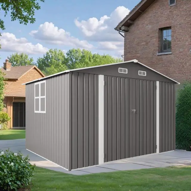 Alt view image 7 of 7 - 10 x 8 FT Outdoor Storage Shed, Large Metal Storage Shed, Lockable Door and Air Vent, Clear Window Garden Tool Shed for Bicycles, Tools, Lawnmowers, Backyards, Patios, Lawns - Gray