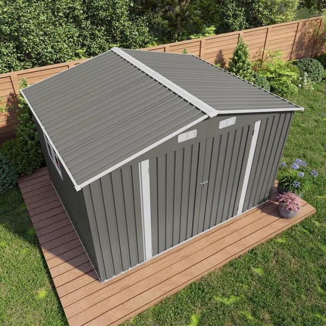 Alt view image 6 of 7 - 10 x 8 FT Outdoor Storage Shed, Large Metal Storage Shed, Lockable Door and Air Vent, Clear Window Garden Tool Shed for Bicycles, Tools, Lawnmowers, Backyards, Patios, Lawns - Gray