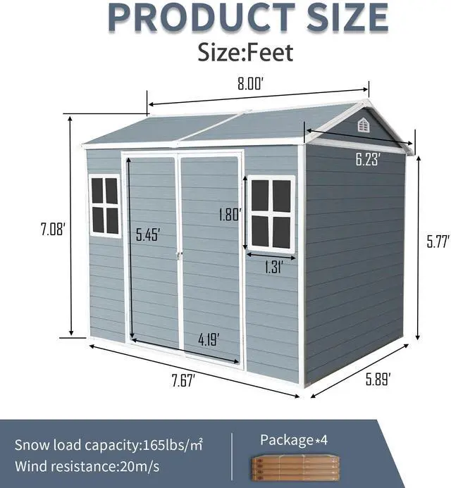 Alt view image 5 of 7 - 8 x 6 ft Resin Outdoor Storage Shed Waterproof Shed with Floor & Two Windows & Lockable Door, Tool Shed for Garden, Patio, Backyard,Gray