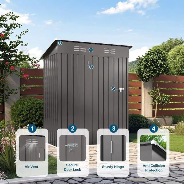 Alt view image 2 of 7 - 5X3 FT Metal Outdoor Storage Shed, Tool Shed with Pitched Roof and Lockable Door Compact Metal Tool Shed for Garden, Backyard, Patio, Everyday Sundries and Bike Storage, Gray
