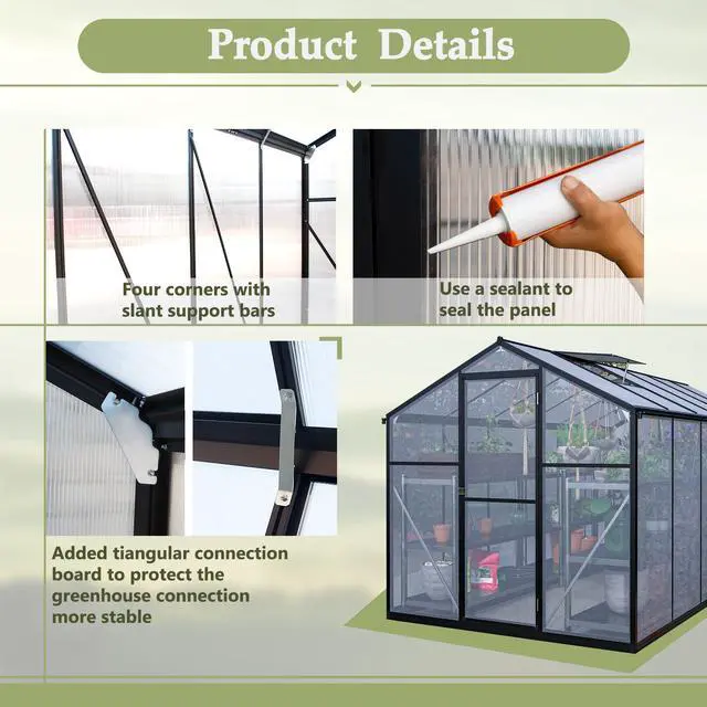 Alt view image 5 of 7 - 6' x 12' Thicked Polycarbonate Greenhouse, Greenhouse with Double Flush Door, Rain Gutter and Ventilation Window, Green House for Sunroom, Garden, Backyard, Walk-in Large Winter Greenhouse