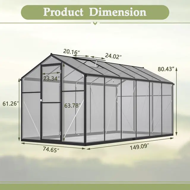 Alt view image 2 of 7 - 6' x 12' Thicked Polycarbonate Greenhouse, Greenhouse with Double Flush Door, Rain Gutter and Ventilation Window, Green House for Sunroom, Garden, Backyard, Walk-in Large Winter Greenhouse