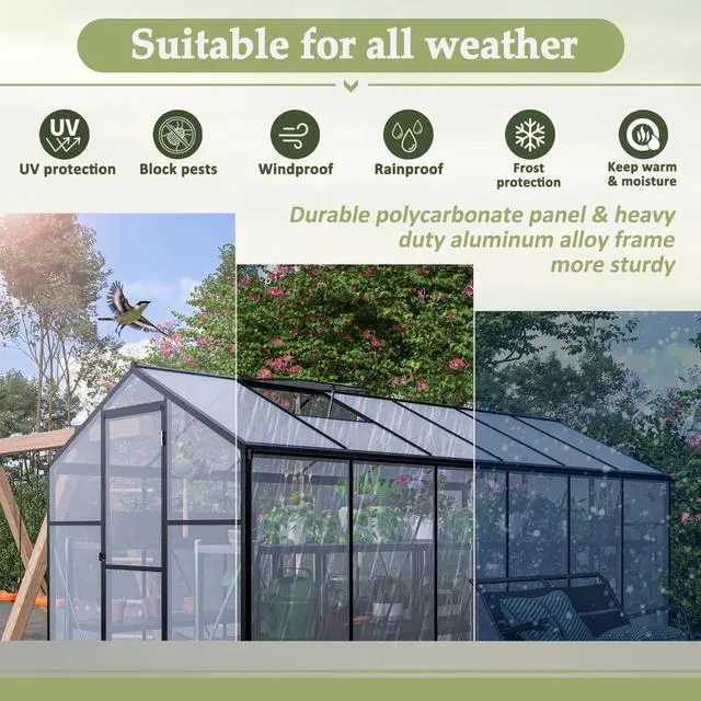 Alt view image 3 of 7 - 6' x 12' Thicked Polycarbonate Greenhouse, Greenhouse with Double Flush Door, Rain Gutter and Ventilation Window, Green House for Sunroom, Garden, Backyard, Walk-in Large Winter Greenhouse