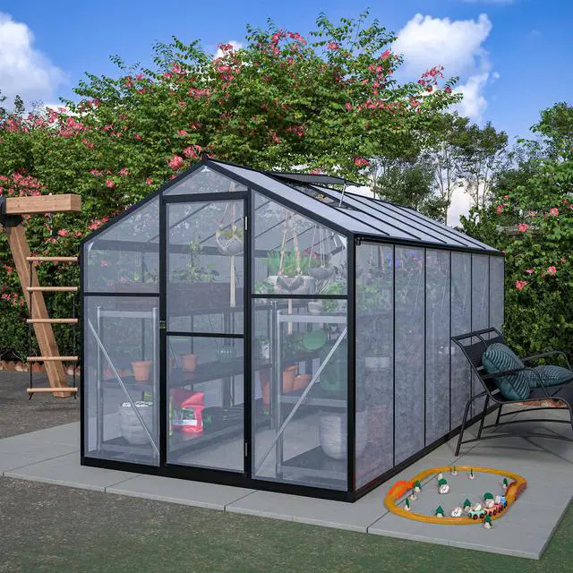 Main image of 6' x 12' Thicked Polycarbonate Greenhouse, Greenhouse with Double Flush Door, Rain Gutter and Ventilation Window, Green House for Sunroom, Garden, Backyard, Walk-in Large Winter Greenhouse