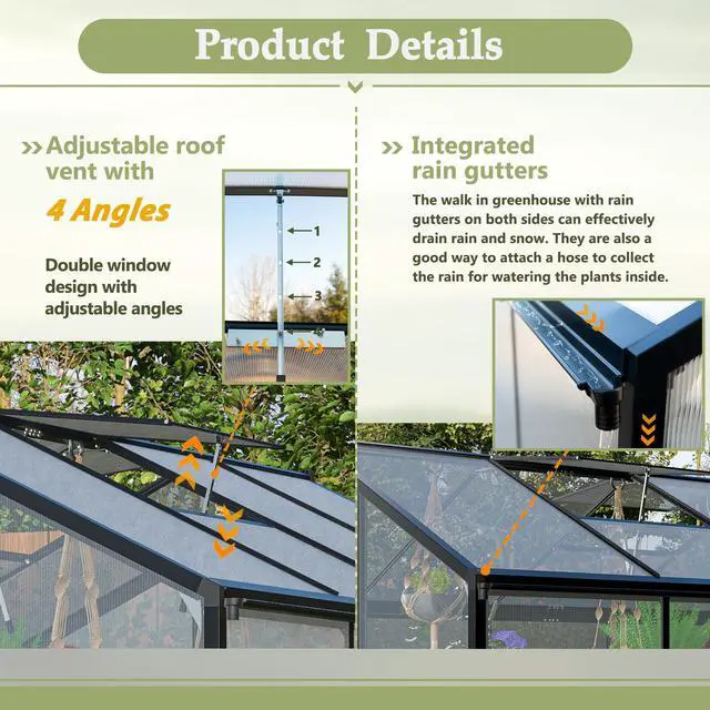 Alt view image 7 of 7 - 6' x 12' Thicked Polycarbonate Greenhouse, Greenhouse with Double Flush Door, Rain Gutter and Ventilation Window, Green House for Sunroom, Garden, Backyard, Walk-in Large Winter Greenhouse