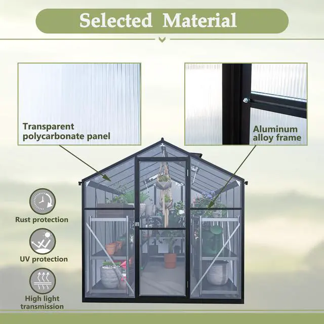 Alt view image 6 of 7 - 6' x 12' Thicked Polycarbonate Greenhouse, Greenhouse with Double Flush Door, Rain Gutter and Ventilation Window, Green House for Sunroom, Garden, Backyard, Walk-in Large Winter Greenhouse
