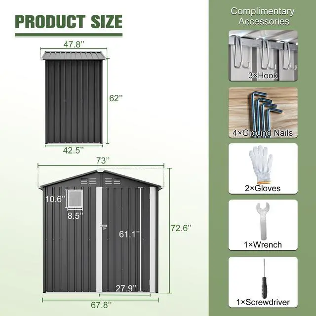 Alt view image 2 of 7 - Metal Outdoor Storage Shed 6FT x 4FT, Steel Utility Tool Shed Storage House , Metal Sheds Outdoor Storage for Backyard Garden Patio Lawn (6' x 4'),Gray