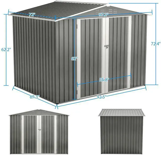Alt view image 2 of 7 - 8 x 6 FT Outdoor Waterproof Garden Tool Storage Sheds with Metal Foundation with Floor Frame, Tool Shed with Lockable Hinged Doors & Air Vents, Storage House Waterproof for Backyard, Lawn, Gray
