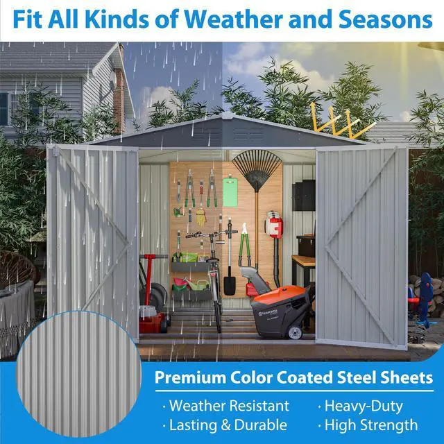 Alt view image 3 of 7 - 8 x 6 FT Outdoor Waterproof Garden Tool Storage Sheds with Metal Foundation with Floor Frame, Tool Shed with Lockable Hinged Doors & Air Vents, Storage House Waterproof for Backyard, Lawn, Gray