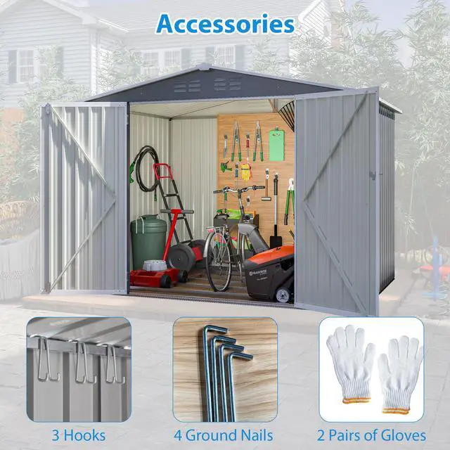 Alt view image 6 of 7 - 8 x 6 FT Outdoor Waterproof Garden Tool Storage Sheds with Metal Foundation with Floor Frame, Tool Shed with Lockable Hinged Doors & Air Vents, Storage House Waterproof for Backyard, Lawn, Gray