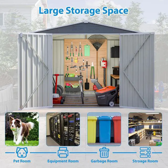 Alt view image 7 of 7 - 8 x 6 FT Outdoor Waterproof Garden Tool Storage Sheds with Metal Foundation with Floor Frame, Tool Shed with Lockable Hinged Doors & Air Vents, Storage House Waterproof for Backyard, Lawn, Gray