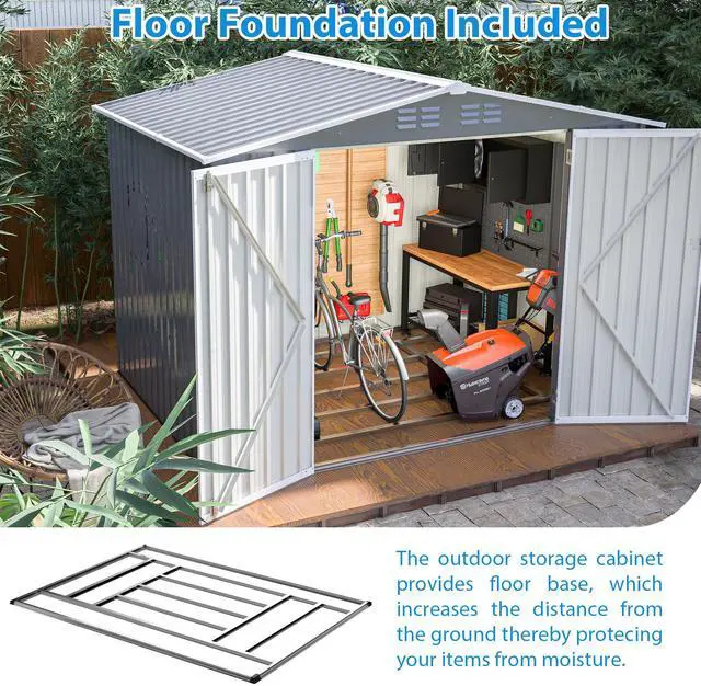 Alt view image 5 of 7 - 8 x 6 FT Outdoor Waterproof Garden Tool Storage Sheds with Metal Foundation with Floor Frame, Tool Shed with Lockable Hinged Doors & Air Vents, Storage House Waterproof for Backyard, Lawn, Gray
