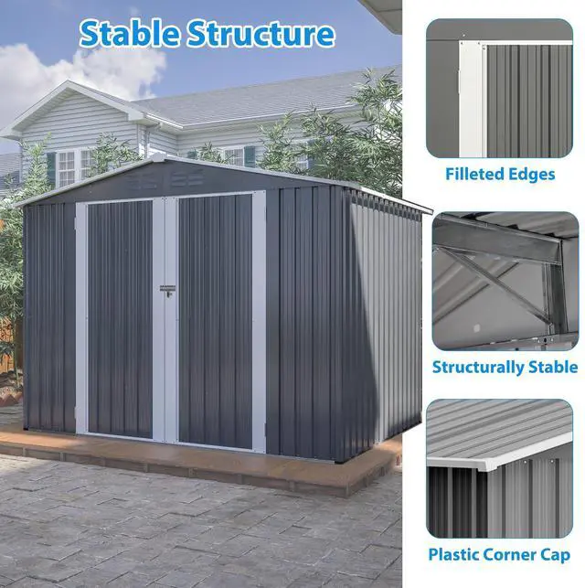Alt view image 4 of 7 - 8 x 6 FT Outdoor Waterproof Garden Tool Storage Sheds with Metal Foundation with Floor Frame, Tool Shed with Lockable Hinged Doors & Air Vents, Storage House Waterproof for Backyard, Lawn, Gray