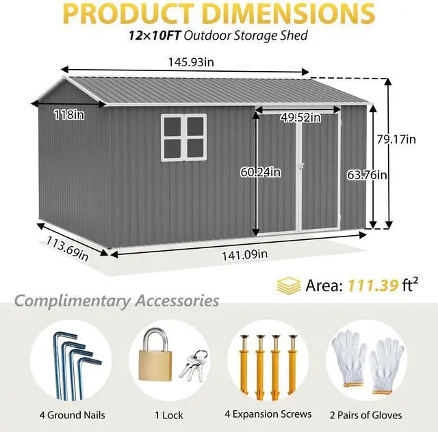 Alt view image 2 of 7 - 12x10 FT Outdoor Storage Shed Metal, Large Garden Tool Sheds Outdoor with Lockable Doors, Waterproof Steel Utility Storage Building, Heavy Duty Equipment Shed for Backyard Patio Lawn Garden, Grey
