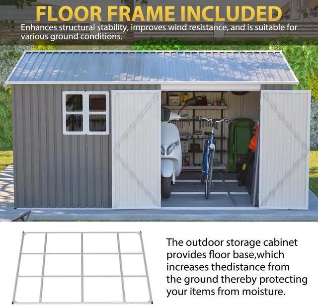 Alt view image 3 of 7 - 12x10 FT Outdoor Storage Shed Metal, Large Garden Tool Sheds Outdoor with Lockable Doors, Waterproof Steel Utility Storage Building, Heavy Duty Equipment Shed for Backyard Patio Lawn Garden, Grey