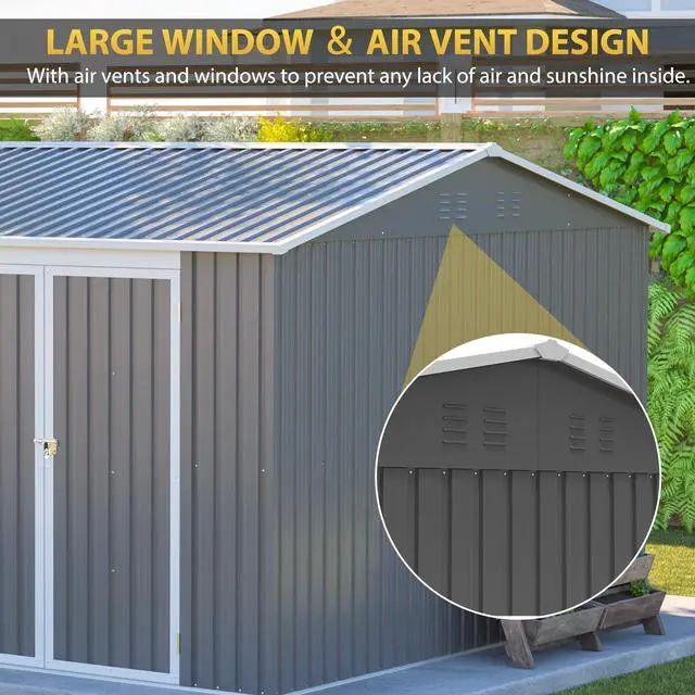 Alt view image 5 of 7 - 12x10 FT Outdoor Storage Shed Metal, Large Garden Tool Sheds Outdoor with Lockable Doors, Waterproof Steel Utility Storage Building, Heavy Duty Equipment Shed for Backyard Patio Lawn Garden, Grey