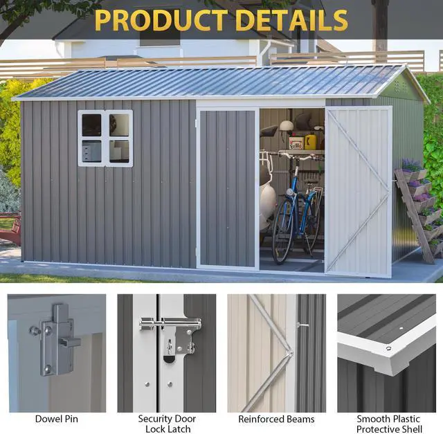 Alt view image 4 of 7 - 12x10 FT Outdoor Storage Shed Metal, Large Garden Tool Sheds Outdoor with Lockable Doors, Waterproof Steel Utility Storage Building, Heavy Duty Equipment Shed for Backyard Patio Lawn Garden, Grey
