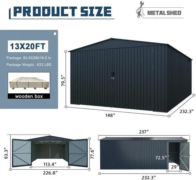 Alt view image 3 of 7 - Outdoor Storage Shed 20x13 FT, Metal Garage Shed Backyard Utility Tool House Building with 2 Doors and 4 Vents for Car,Truck,Bike, Garbage Can,Tool,Lawnmower