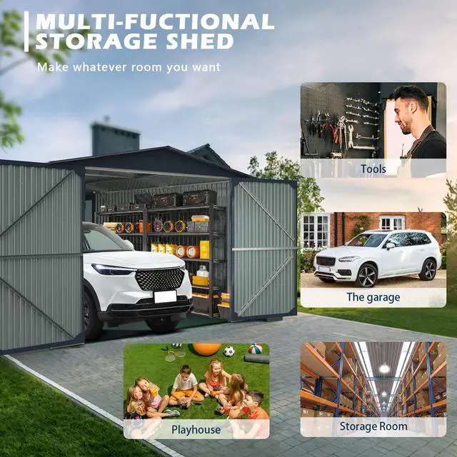 Alt view image 6 of 7 - Outdoor Storage Shed 20x13 FT, Metal Garage Shed Backyard Utility Tool House Building with 2 Doors and 4 Vents for Car,Truck,Bike, Garbage Can,Tool,Lawnmower