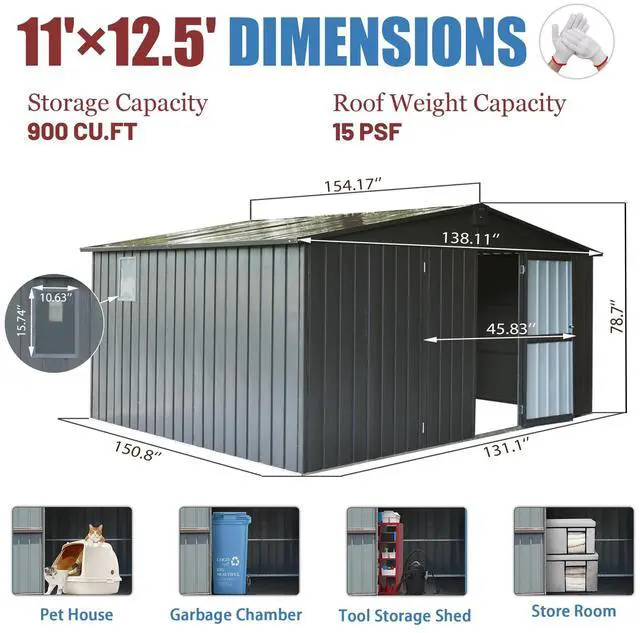 Alt view image 7 of 7 - Backyard Storage Shed 11' x 12.5' with Galvanized Steel Frame & Windows, Outdoor Garden Shed Metal Utility Tool Storage Room with Lockable Door for Patio(Dark Gray)