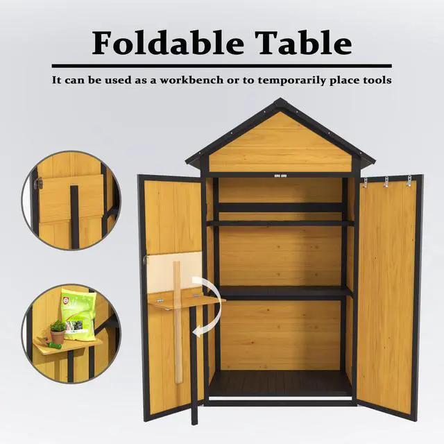 Alt view image 3 of 7 - Outdoor Storage Cabinet Weatherproof Wood Storage Shed with Waterproof Roof Lockable Doors Removable Shelves Foldable Table Hooks 69 Inches Garden Tool Shed for Yard and Patio