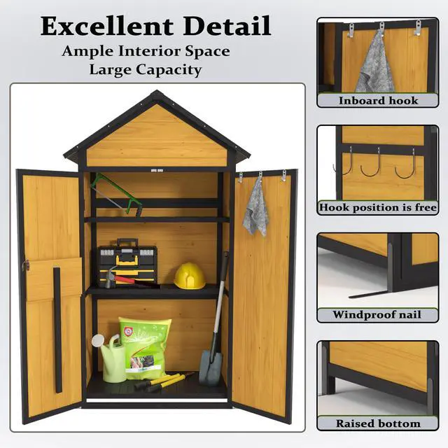 Alt view image 5 of 7 - Outdoor Storage Cabinet Weatherproof Wood Storage Shed with Waterproof Roof Lockable Doors Removable Shelves Foldable Table Hooks 69 Inches Garden Tool Shed for Yard and Patio