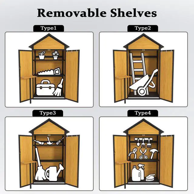 Alt view image 4 of 7 - Outdoor Storage Cabinet Weatherproof Wood Storage Shed with Waterproof Roof Lockable Doors Removable Shelves Foldable Table Hooks 69 Inches Garden Tool Shed for Yard and Patio