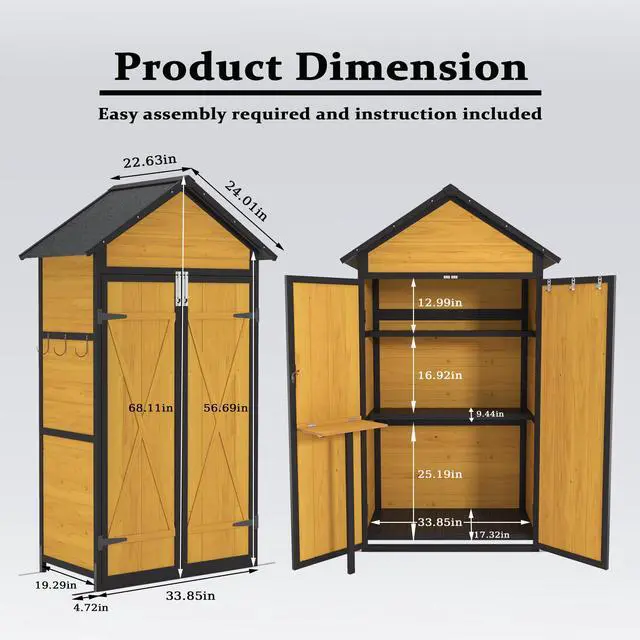 Alt view image 7 of 7 - Outdoor Storage Cabinet Weatherproof Wood Storage Shed with Waterproof Roof Lockable Doors Removable Shelves Foldable Table Hooks 69 Inches Garden Tool Shed for Yard and Patio