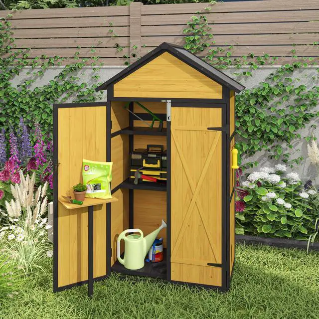 Alt view image 6 of 7 - Outdoor Storage Cabinet Weatherproof Wood Storage Shed with Waterproof Roof Lockable Doors Removable Shelves Foldable Table Hooks 69 Inches Garden Tool Shed for Yard and Patio