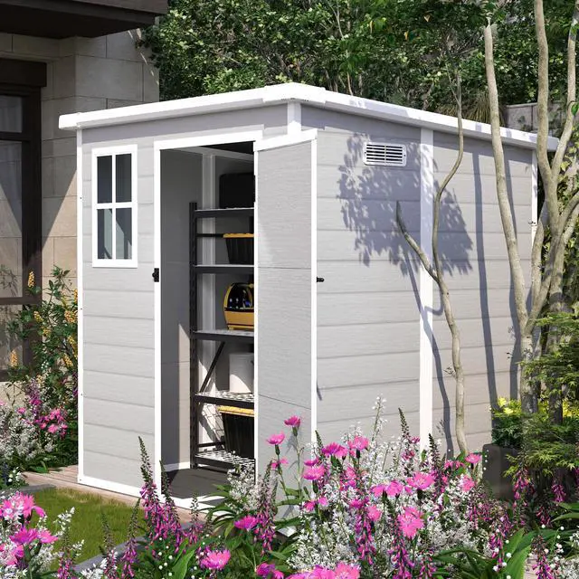 Main image of 6x6 FT Storage Shed, Waterproof Resin Outdoor Storage Shed with Floor & Window &  Lockable Doors and  Vents, Tool Shed for Bike, Garden, Backyard,Lawn, All Weather Use, Light Grey
