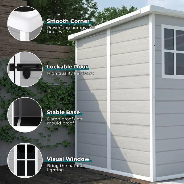 Alt view image 5 of 7 - 6x6 FT Storage Shed, Waterproof Resin Outdoor Storage Shed with Floor & Window &  Lockable Doors and  Vents, Tool Shed for Bike, Garden, Backyard,Lawn, All Weather Use, Light Grey