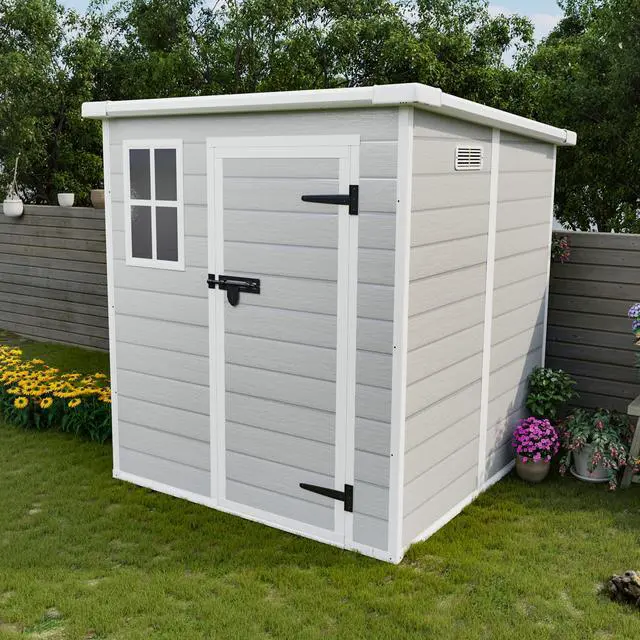 Alt view image 2 of 7 - 6x6 FT Storage Shed, Waterproof Resin Outdoor Storage Shed with Floor & Window &  Lockable Doors and  Vents, Tool Shed for Bike, Garden, Backyard,Lawn, All Weather Use, Light Grey