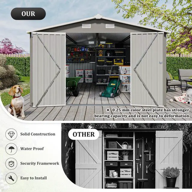 Alt view image 4 of 7 - Campcraft  Outdoor Storage Shed 10×14 FT with 3 Lockable Doors,Utility Tool Shed Metal Storage Garden Sheds  Frame and 4 Vents,for Backyard,Patio,Lawn,Light Grey