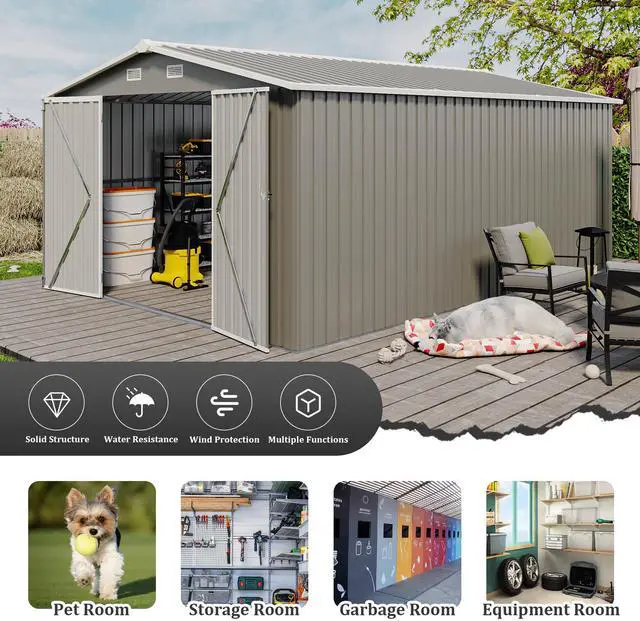 Alt view image 2 of 7 - Campcraft  Outdoor Storage Shed 10×14 FT with 3 Lockable Doors,Utility Tool Shed Metal Storage Garden Sheds  Frame and 4 Vents,for Backyard,Patio,Lawn,Light Grey