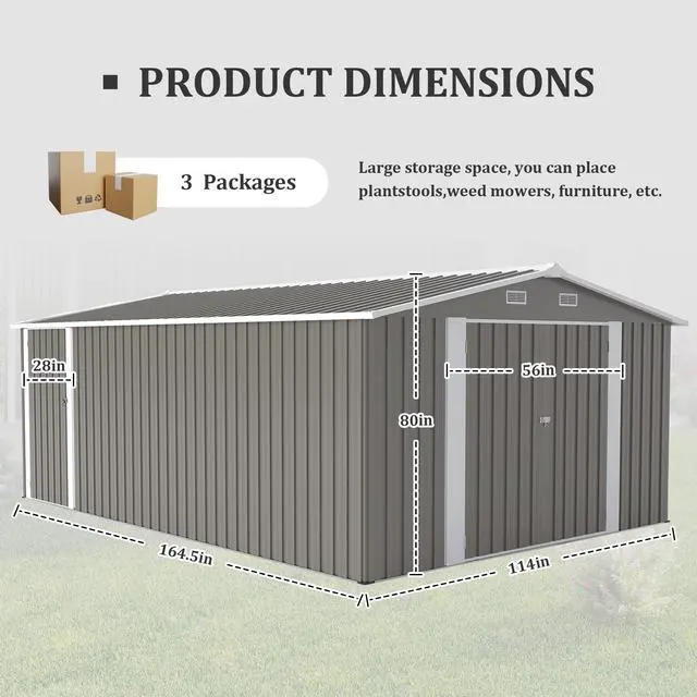 Alt view image 6 of 7 - Campcraft  Outdoor Storage Shed 10×14 FT with 3 Lockable Doors,Utility Tool Shed Metal Storage Garden Sheds  Frame and 4 Vents,for Backyard,Patio,Lawn,Light Grey