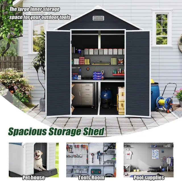 Alt view image 4 of 7 - Campcraft 6*6ft resin storage shed, high quality pp material, strong structure, waterproof, rust and UV proof, large storage space, 12mm thick pp board, HD window lighting Dark gray