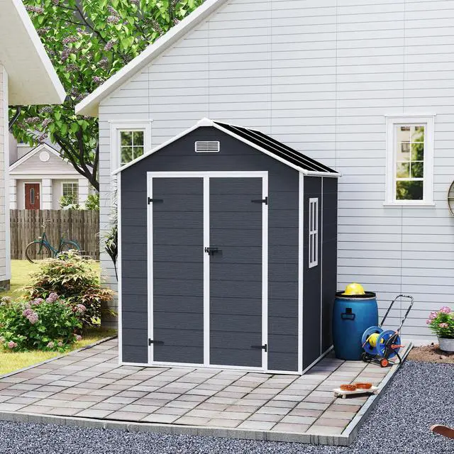 Main image of Campcraft 6*6ft resin storage shed, high quality pp material, strong structure, waterproof, rust and UV proof, large storage space, 12mm thick pp board, HD window lighting Dark gray