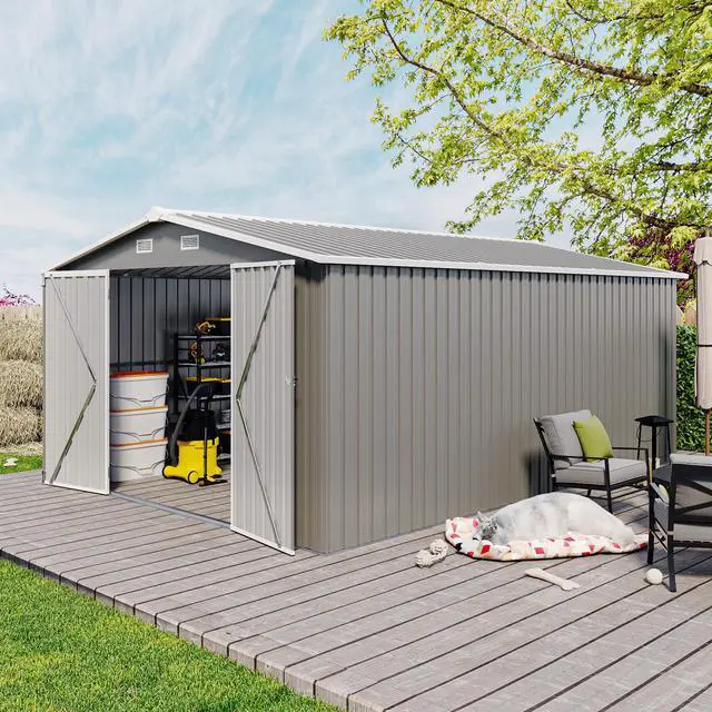 Alt view image 7 of 7 - Campcraft  Outdoor Storage Shed 10×14 FT with 3 Lockable Doors,Utility Tool Shed Metal Storage Garden Sheds  Frame and 4 Vents,for Backyard,Patio,Lawn,Light Grey
