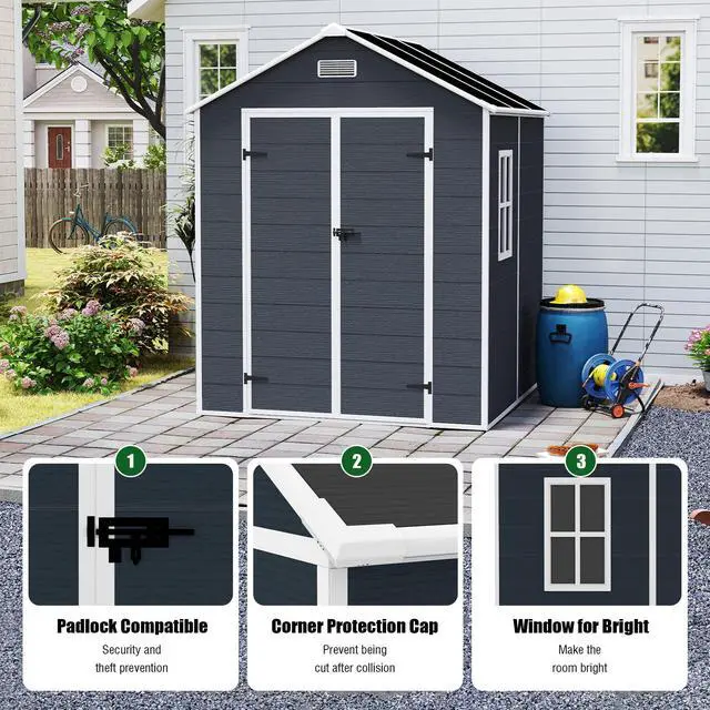 Alt view image 3 of 7 - Campcraft 6*6ft resin storage shed, high quality pp material, strong structure, waterproof, rust and UV proof, large storage space, 12mm thick pp board, HD window lighting Dark gray