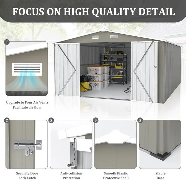 Alt view image 5 of 7 - Campcraft  Outdoor Storage Shed 10×14 FT with 3 Lockable Doors,Utility Tool Shed Metal Storage Garden Sheds  Frame and 4 Vents,for Backyard,Patio,Lawn,Light Grey