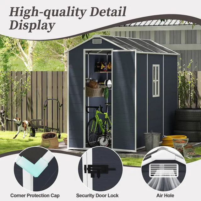 Alt view image 2 of 7 - Campcraft 4*8ft resin storage shed, high quality pp material, strong structure, waterproof, rust and UV proof, large storage space, 12mm thick pp board, HD window lighting Dark gray