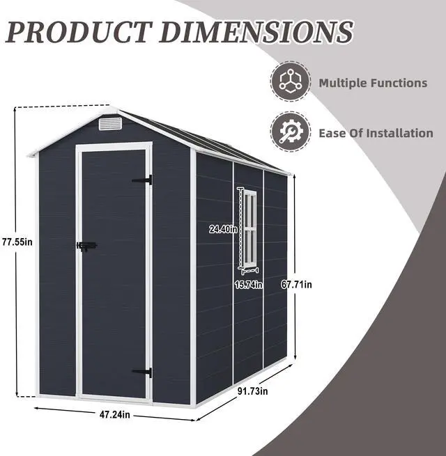 Alt view image 6 of 7 - Campcraft 4*8ft resin storage shed, high quality pp material, strong structure, waterproof, rust and UV proof, large storage space, 12mm thick pp board, HD window lighting Dark gray