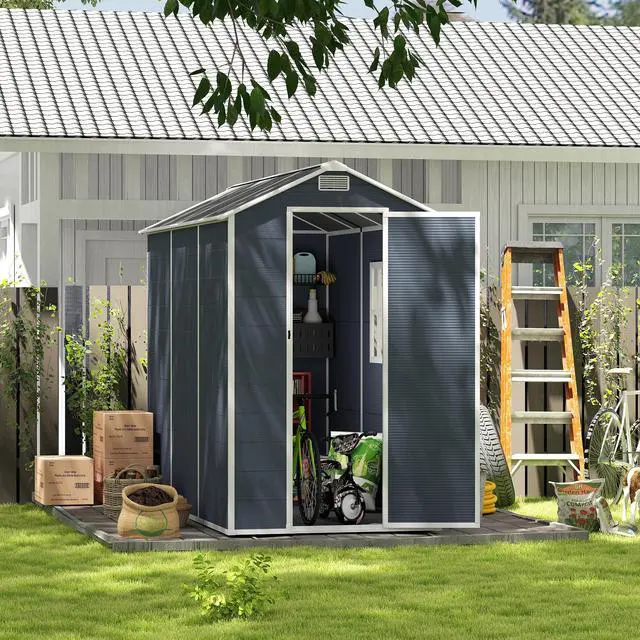 Alt view image 7 of 7 - Campcraft 4*8ft resin storage shed, high quality pp material, strong structure, waterproof, rust and UV proof, large storage space, 12mm thick pp board, HD window lighting Dark gray