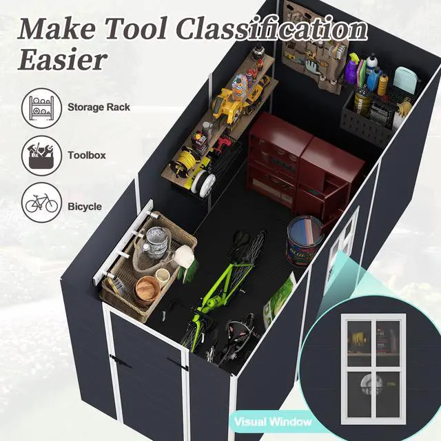 Alt view image 5 of 7 - Campcraft 4*8ft resin storage shed, high quality pp material, strong structure, waterproof, rust and UV proof, large storage space, 12mm thick pp board, HD window lighting Dark gray